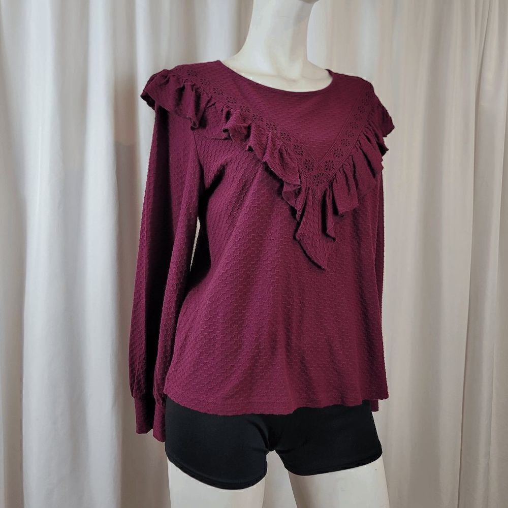 J crew womens Sz Small burgundy ruffle trim honeycomb blouse